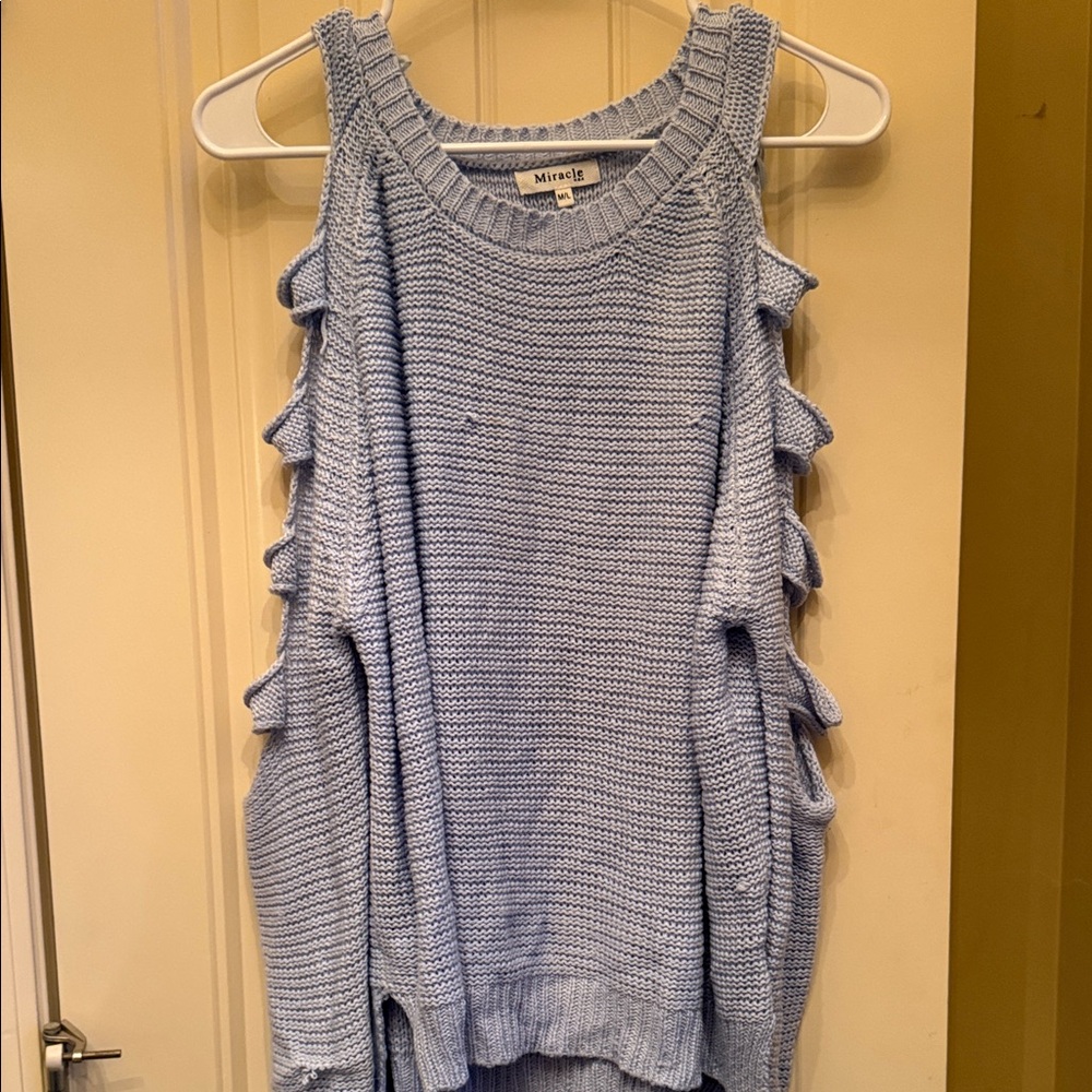 Miracle Light Blue Cold-Shoulder Knit Sweater with Ruffle Details
